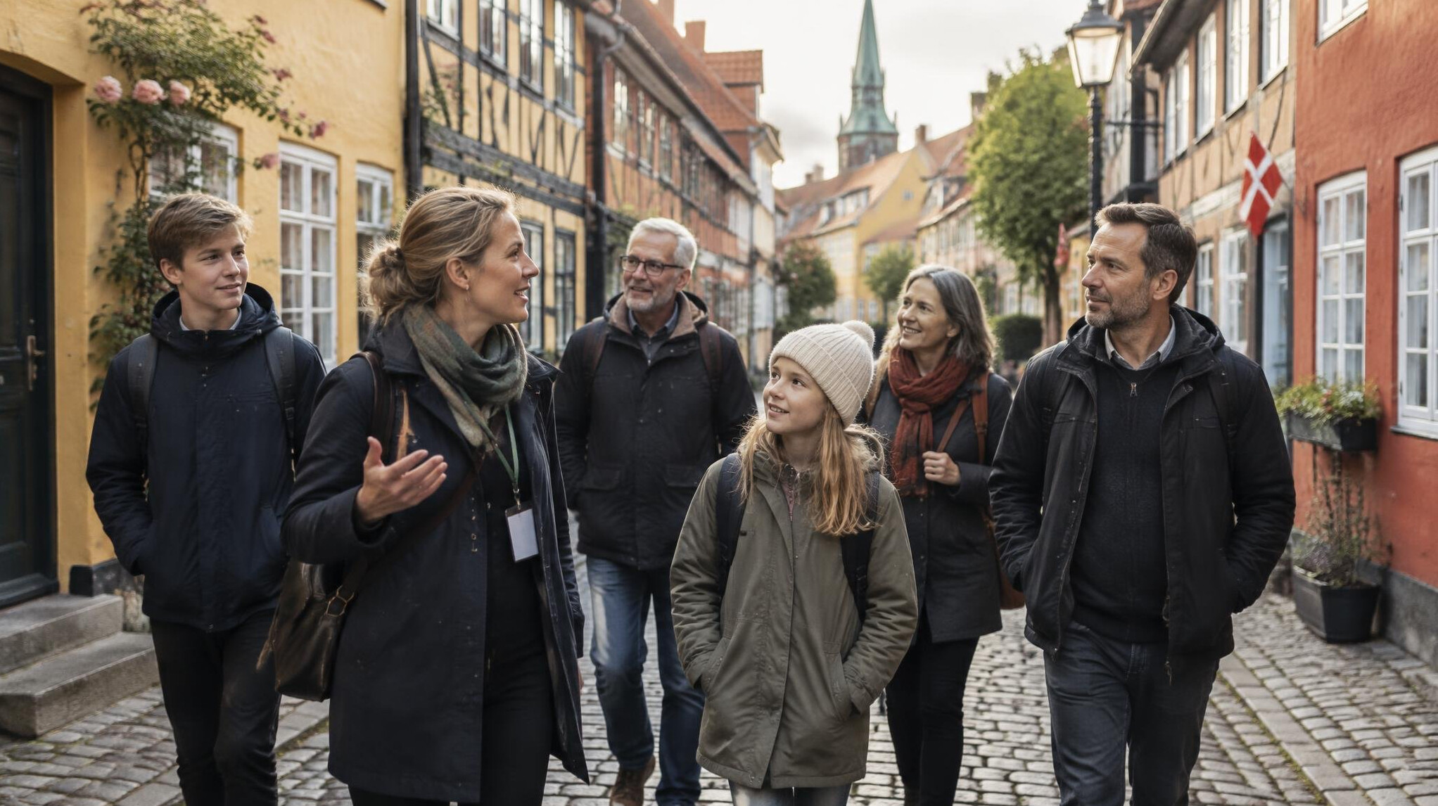 Small group walking through a cobblestone street in a Danish town during a guided story walk